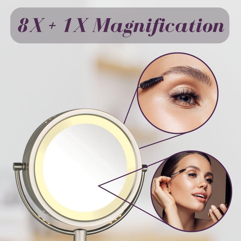 JERDON Wall-Mounted Makeup Mirror with LED Lighting - Direct Wire Lighted Makeup Mirror with 8X Magnification & Nickel Finish Wall Mount - Model HL75ND - Image 4